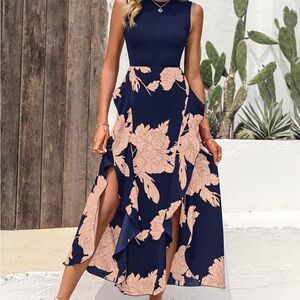 Navy Blue and Peach Floral Maxi Halter Sundress
